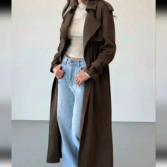 Extra Long Tie Waist Double-Breasted Decor English Style Lapel Brown Trench Coat - Picture 6 of 7